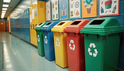 Wallpaper Mural Recycling bins. Row of recycle bins in elementary school corridor with lockers and posters Torontodigital.ca