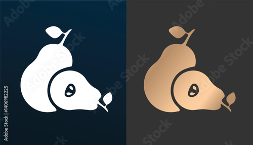 Vector image of a pear logo and a unique and attractive gold colored pear slice on a black and white background