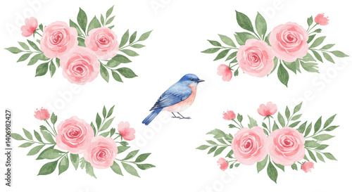 Fototapeta Naklejka Na Ścianę i Meble -  Delicate pink roses and a cheerful bluebird, a spring watercolor painting with soft details and a gentle touch.