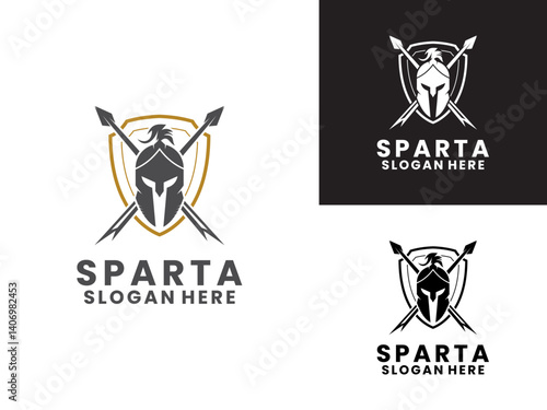 Helmet of the Spartan warrior symbol with spear and shield. Protection logo design vector with spartan logo