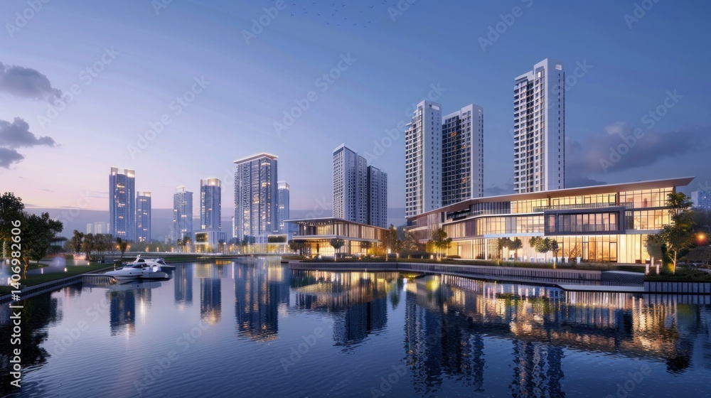 Modern city skyline reflecting on calm water Modern city skyline reflecting on calm water