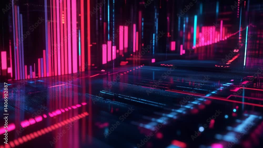Dynamic futuristic digital grid with glowing bar graph animation background loop Dynamic futuristic digital grid with glowing bar graph animation background loop