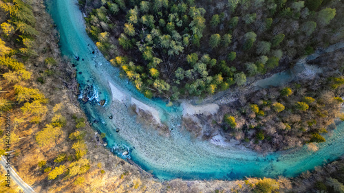 Aerial view of the winding Sava River near Bled.