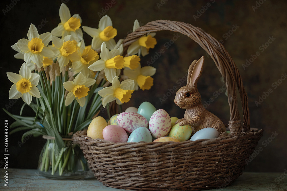 Funny Easter bunny surrounded by colorful painted eggs blooming spring flowers in festive garden setting, generative ai Funny Easter bunny surrounded by colorful painted eggs blooming spring flowers in festive garden setting, generative ai
