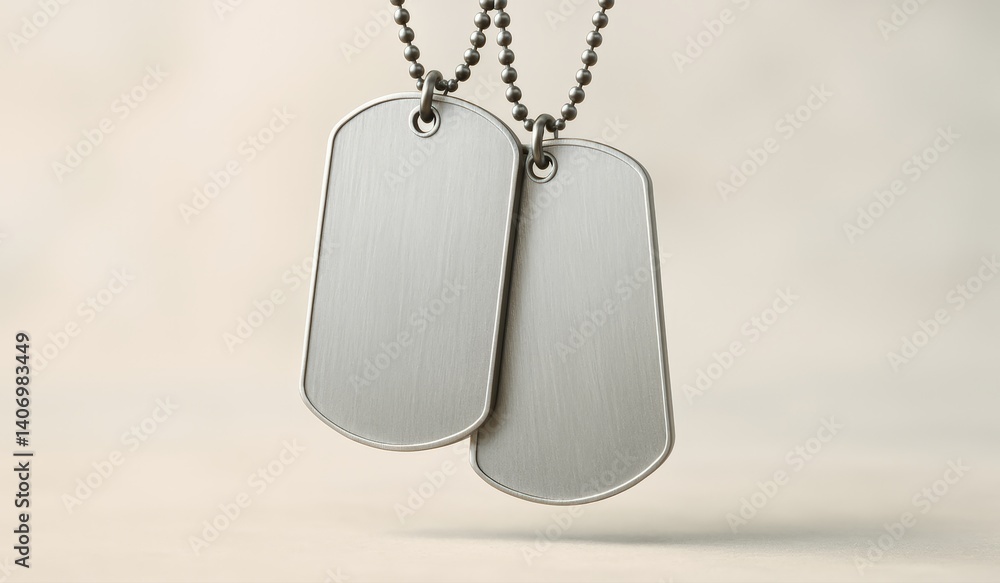 Fototapeta premium Two Blank Silver Tags on a Ball Chain, a Symbol of Military Service and Personal Identification with Copy Space