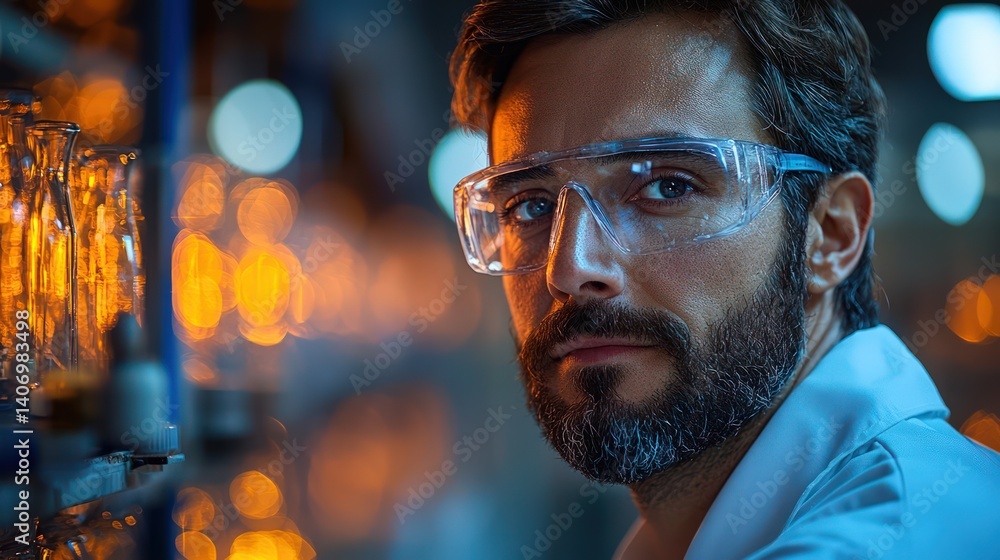 Man in lab coat and safety glasses in laboratory setting. Man in lab coat and safety glasses in laboratory setting.