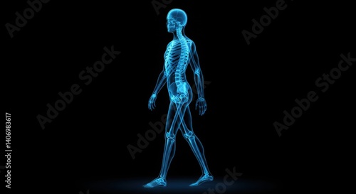 A highly detailed x-ray style human skeleton in a walking pose with a glowing blue ethereal effect for futuristic anatomy visualization