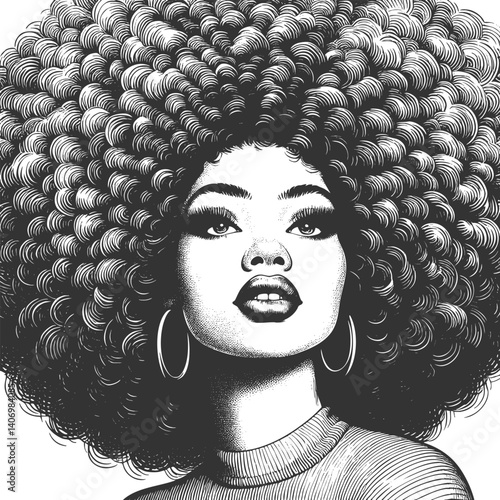 woman with a voluminous afro hairstyle and hoop earrings, exuding strength, beauty, and vintage artistic elegance sketch engraving generative ai vector illustration. Scratch board. Black and white.
