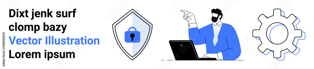 A professional using a laptop, a shield with a padlock, and a gear symbolizing security, technology, and system optimization. Ideal for cybersecurity, data analysis, technology consulting, IT