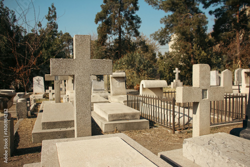 Tableau sur toile Christian graveyard, cross tombstone, Historical graveyard with tombstones, Sile