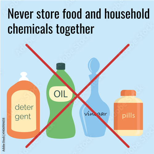 Illustration warns against storing food and toxic chemicals in the same space.