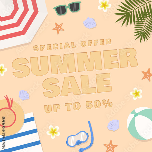 Summer sale offer discount with summer beach items for social media and shopping event promotions. Vector illustration summer sale with beach theme.
