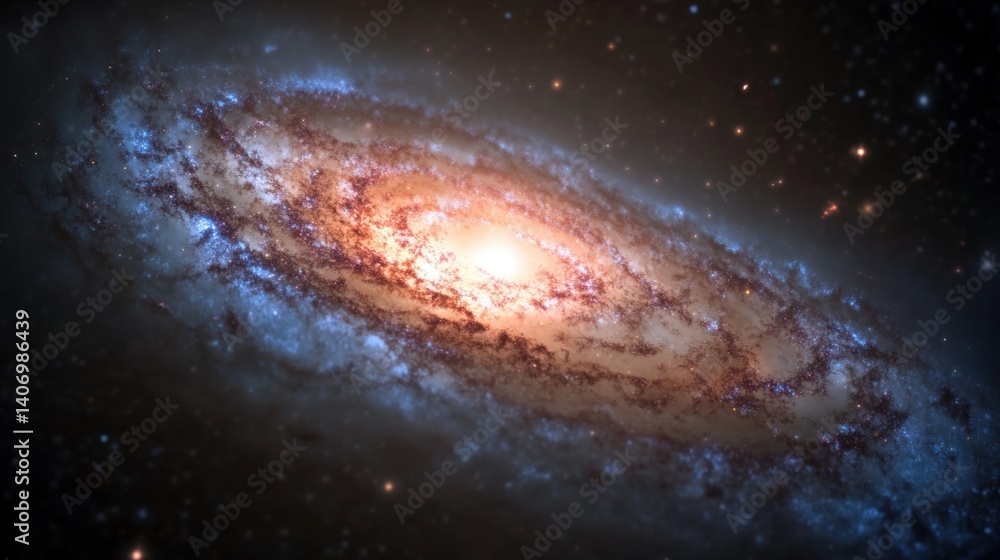 Fototapeta premium A vibrant spiral galaxy showcases brilliant colors and intricate detail, surrounded by distant stars and cosmic dust in the universe