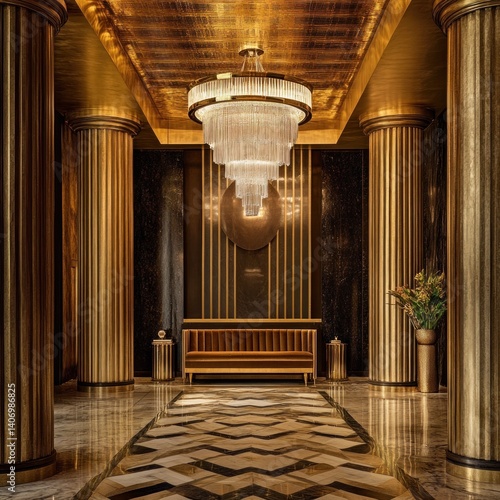 Art Deco lobby with geometric parquet floors, gold-leafed columns, and a cascading crystal chandelier above a velvet tufted bench. 