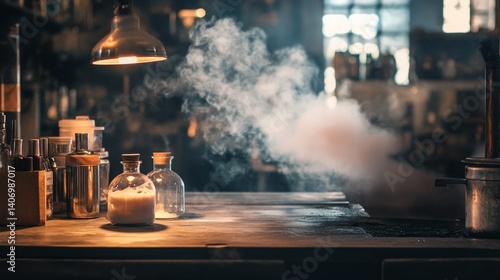 Cozy cafe counter with barista tools and steam rising