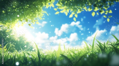 Bright Sunlight on Lush Green Grass and Blue Sky