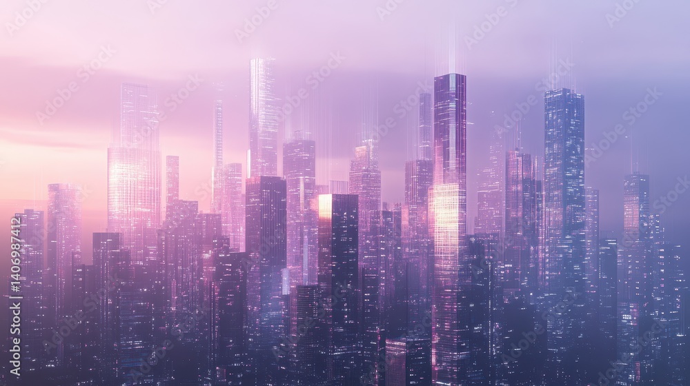 Fototapeta premium Ethereal Cityscape at Dusk with Glowing Skyscrapers in Pink Light