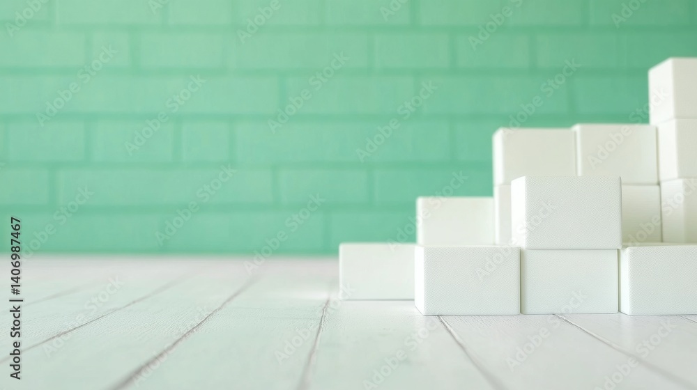White cubes are stacked creatively on a wooden floor with a refreshing green wall in the background, showcasing a minimalistic design approach