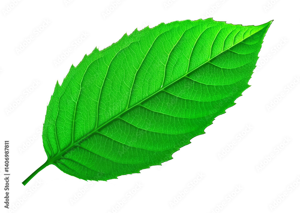 Fototapeta premium Vibrant green leaf showing detailed venation on white background
