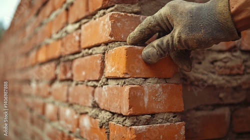 Mason laying bricks on a construction site wall. Featuring bricklaying craftsmanship