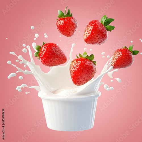 strawberry falling into splashing milk yogurt splash