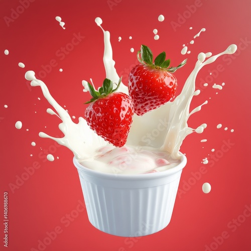 strawberry falling into splashing milk yogurt splash