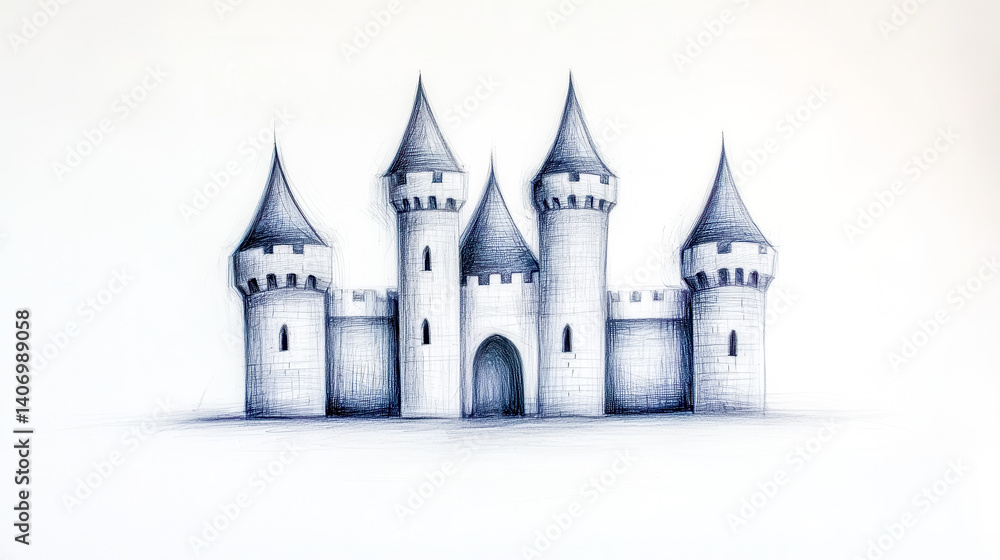 Obraz premium Medieval castle sketched with a pencil featuring five towers and gate