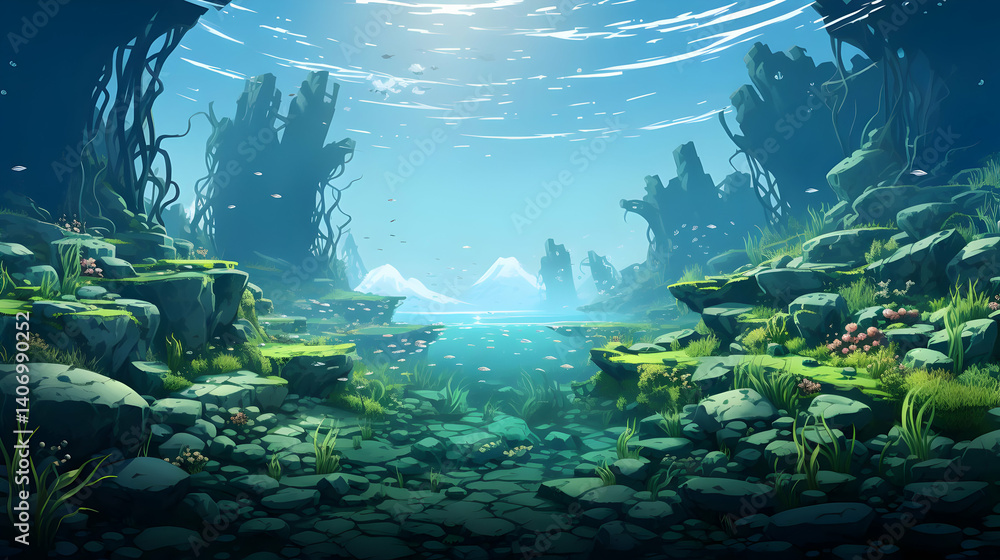 Fototapeta premium Vibrant Underwater Pixel Art Scene With Turquoise Water Coral Reefs And Lush Green Flora On Rocky Terrain With Mountain Silhouettes