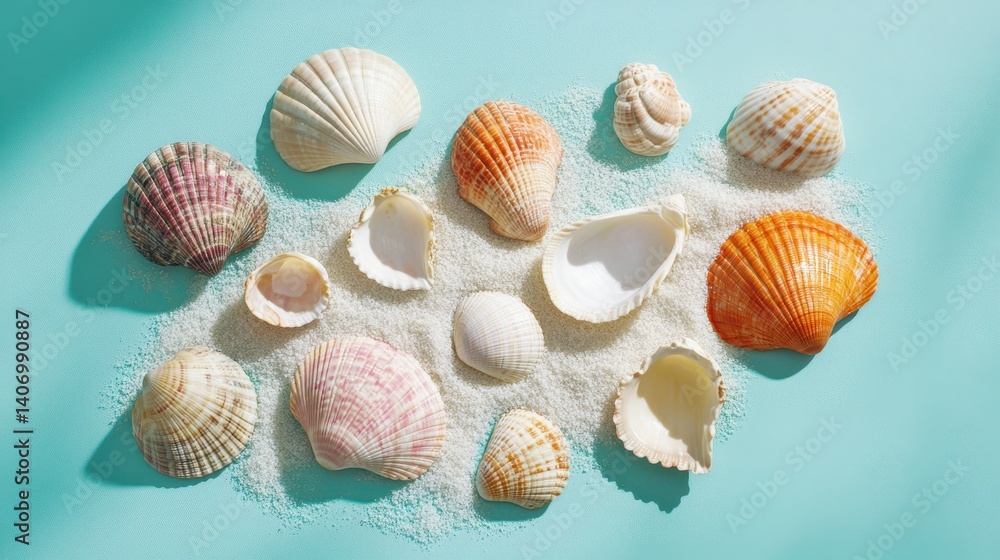 Colorful Shells on Beach Sand with Aquatic Background for Decor Colorful Shells on Beach Sand with Aquatic Background for Decor