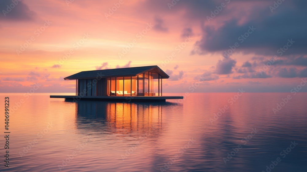 Serene Sunset Over Tranquil House Floating on Calm Water Surface Serene Sunset Over Tranquil House Floating on Calm Water Surface