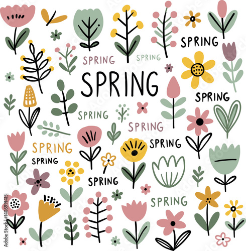 Wallpaper Mural Spring Floral Illustration with Hand Drawn Flowers Torontodigital.ca