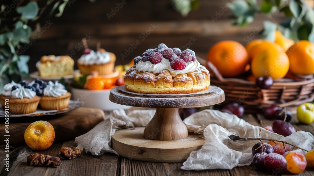 Naklejka premium Festive fruit tart on rustic holiday dessert table