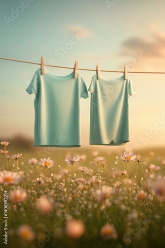 Two light blue shirts hanging on a clothesline in a sunny field filled with blooming flowers during golden hour