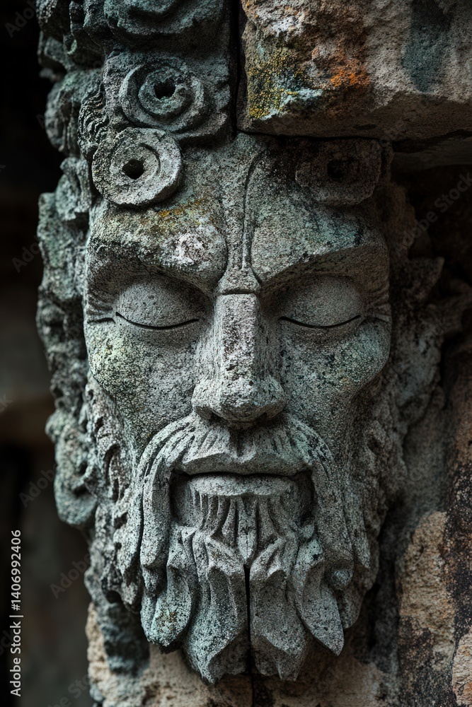 Stone sculpture of a bearded face with closed eyes adorns a building. Stone sculpture of a bearded face with closed eyes adorns a building.
