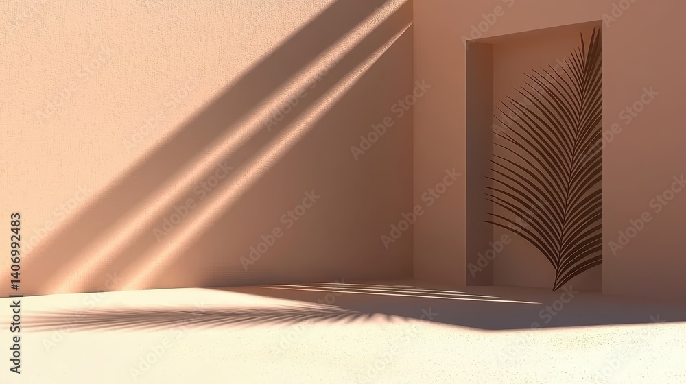 Minimalist Composition with Shadow and Palm Leaf on Textured Wall Minimalist Composition with Shadow and Palm Leaf on Textured Wall