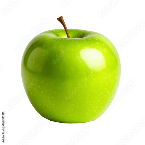 A bright green apple with a shiny surface and a short stem is displayed against a transparent background, highlighting its crisp texture and vibrant color.