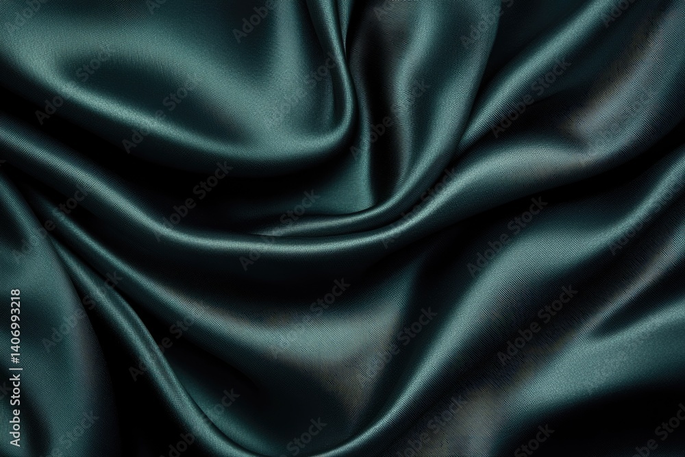 Fototapeta premium Dark teal satin fabric with elegant, flowing drapes and luxurious texture.