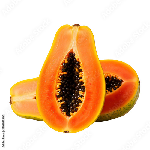 A ripe papaya cut in half reveals its vibrant orange flesh and black seeds, showcased against a transparent background to emphasize its juicy interior and fresh appearance.