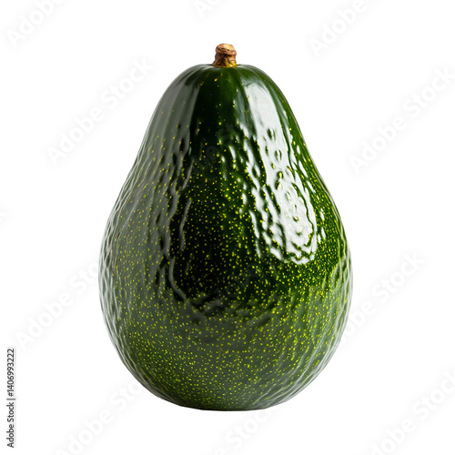 A fresh avocado with a smooth, dark green skin and a glossy surface is displayed against a transparent background, highlighting its natural texture and vibrant appearance.