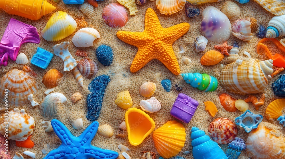 Colorful seashells, starfish, and sand texture background. Colorful seashells, starfish, and sand texture background.
