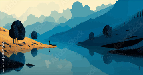 Tranquil River: A Peaceful Reflection in the Mountains Background 