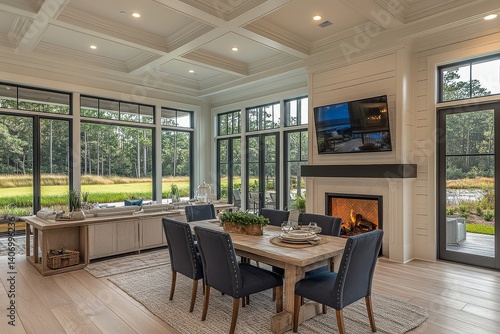 Wallpaper Mural 
Spacious dining and great room with white oak flooring, dark blue chairs, farmhouse-style kitchen chairs, TV above the fireplace, and natural light from large windows overlooking a grassy yard. Torontodigital.ca