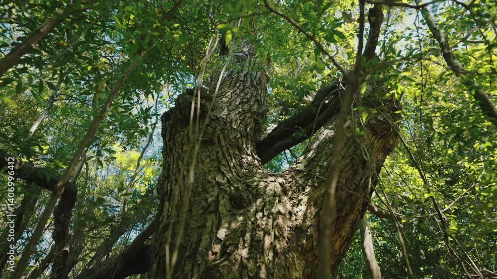 Closer view of aged silk-cotton tree trunk wrapped with ivy in a bright and deep forest. Closer view of aged silk-cotton tree trunk wrapped with ivy in a bright and deep forest.