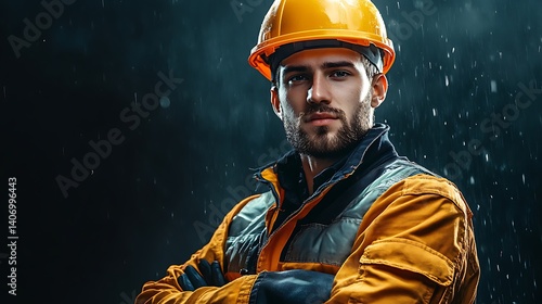 confident builder portrait with hard hat and protective safety gear against dark background showcasing young construction professional strength and technical expertise