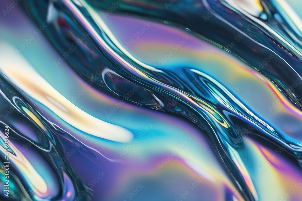Fototapeta premium Abstract iridescent background with flowing, wavy textures in vibrant teal, purple, and blue hues.