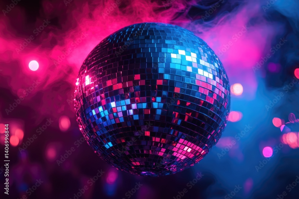 Obraz premium Disco ball illuminated in vibrant pink and blue neon light, creating a dazzling party atmosphere.
