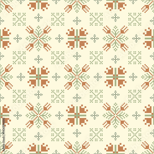 Geometric pixel art pattern. Abstract pixel art geometric pattern design for fabric, carpet, tile, clothing, embroidery, needlepoint and background. Vector pixel art seamless motif Native American.