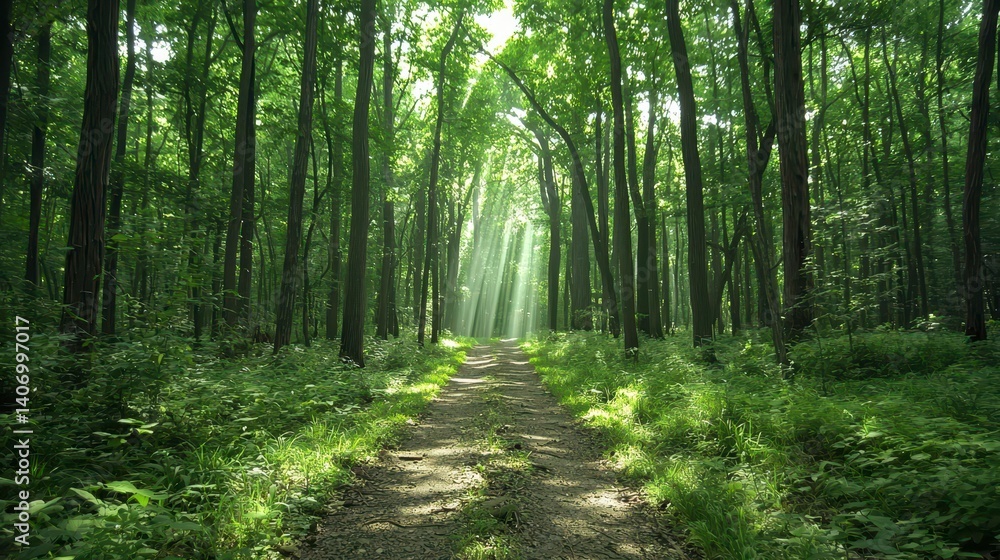 Obraz premium Sun Dappled Path Through Lush Green Forest