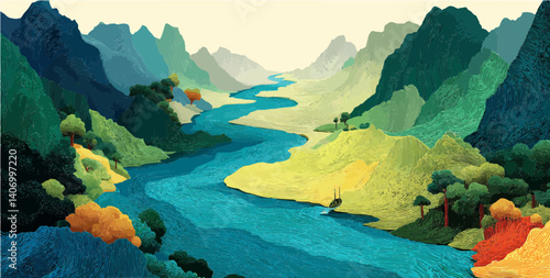 Flowing River: A Stylized Landscape of Mountains and  Background