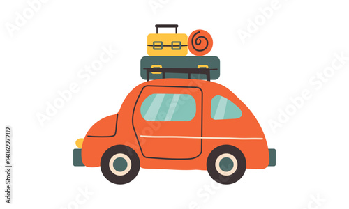 Happy family traveling by car with a luggage bags on the roof. Vacation road trip together. Retro auto. Flat style vector illustration isolated on white background.